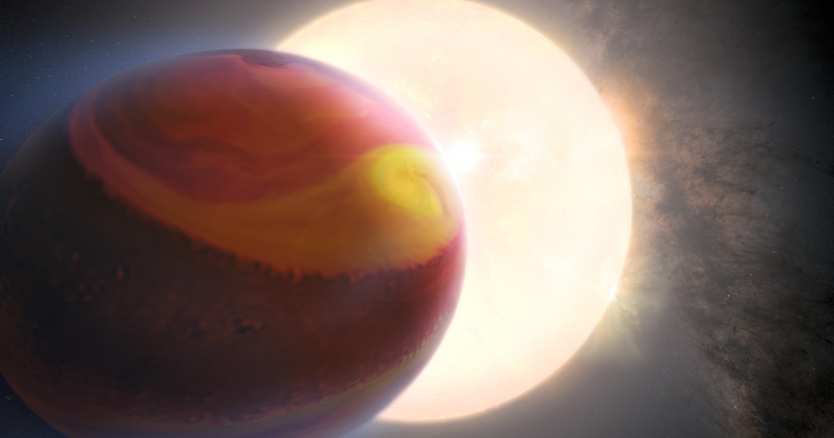 Artist's impression of ultra-hot Jupiter exoplanet WASP-121 b (Tylos) orbiting its host star, with banded atmosphere in red, yellow and orange.