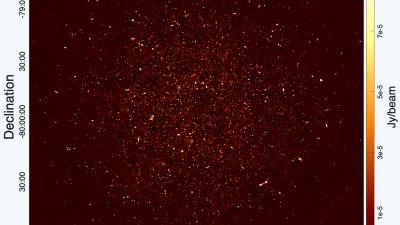 Radio image of the patch of sky observed with the MeerKAT telescope; the bright points are radio-emitting galaxies and other compact sources far stronger than the faint 21cm hydrogen signal the team measured.