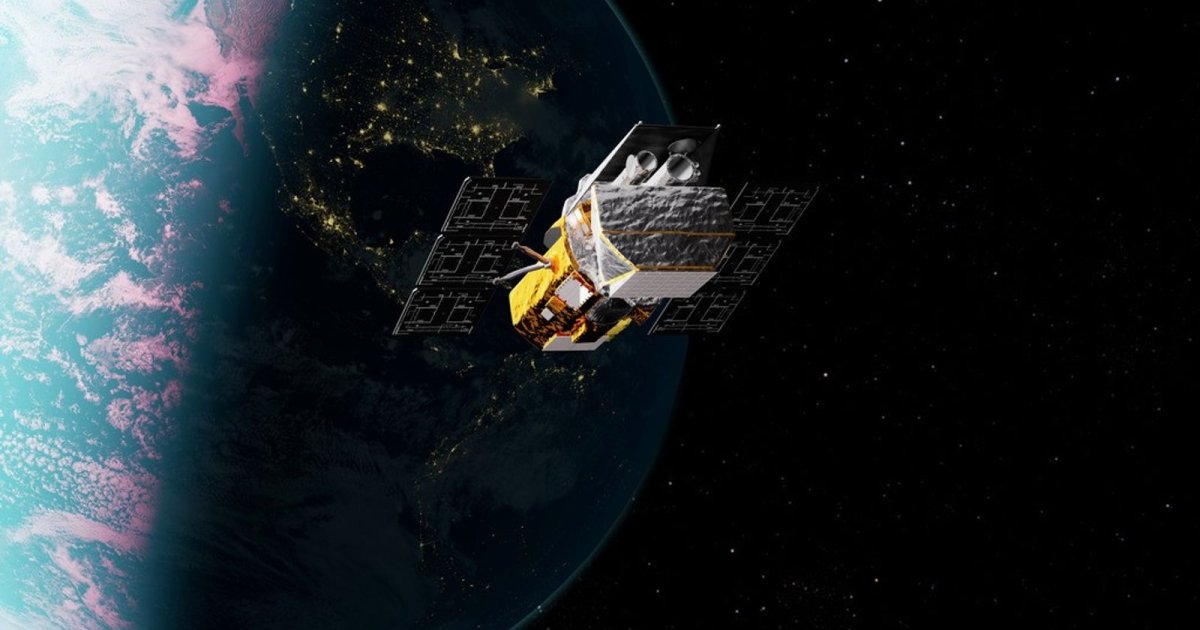 Illustration of NASA's Neil Gehrels Swift Observatory in low Earth orbit above the night-lit Earth.