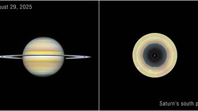 Hubble Space Telescope images of Saturn and its south pole, where a 10-sided atmospheric wave forms a dark decagon ringed by orange and tan cloud bands.