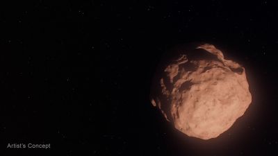 Artist’s concept of a Trans-Neptunian Object: a small, icy, clay-red body pocked with craters, orbiting the Sun beyond Neptune against a field of distant stars.