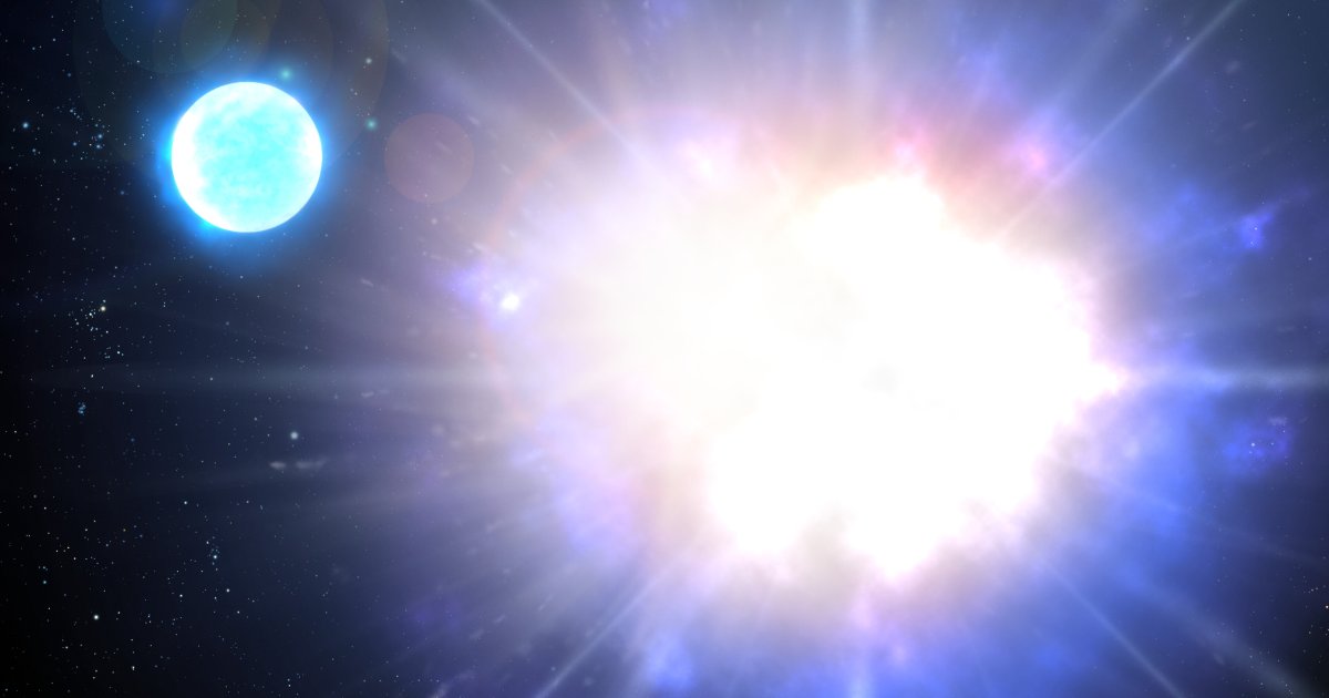 Ilustración artística de una estrella masiva explotando como supernova, que representa la variable azul luminosa AT 2016blu en NGC 4559.