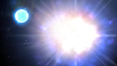 Artist’s illustration of a massive star exploding as a supernova, illustrating the luminous blue variable AT 2016blu in NGC 4559.