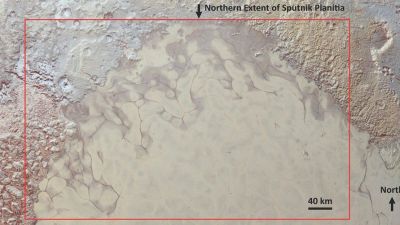 Sputnik Planitia, the nitrogen-ice glacier in Pluto's heart-shaped region, imaged by NASA's New Horizons spacecraft in 2015.
