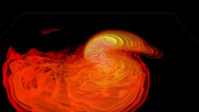 NASA simulation of two neutron stars merging, with glowing orange and red debris spiralling outward.