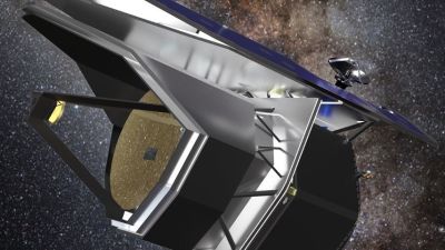 Artist's concept of NASA's PRIMA observatory, showing its 1.8-metre cryogenically cooled telescope and sunshield against a starfield.