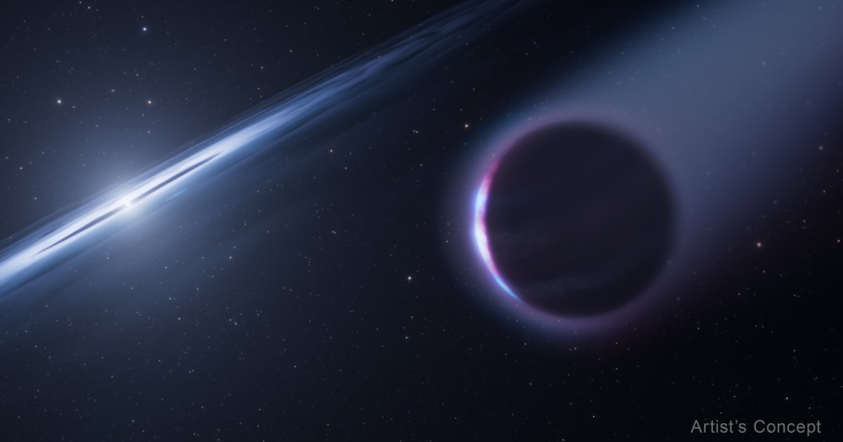 Artist's concept of a second-generation gas giant planet orbiting the white dwarf HS 0209+0832, trailing a tail of material stripped from its atmosphere.