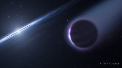Artist's concept of a second-generation gas giant planet orbiting the white dwarf HS 0209+0832, trailing a tail of material stripped from its atmosphere.